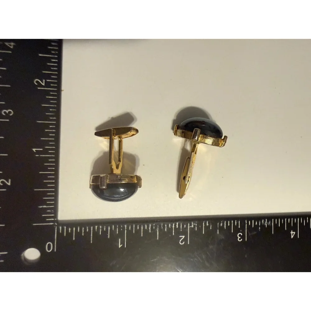 Vintage Gold Tone Hematite Cabochon Cufflinks Oval‎ Grey Stone Formal Mens